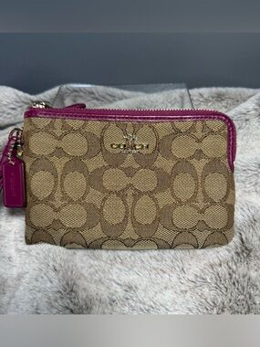 COACH Monogram Brown Wristlet F54627 Jacquard & Pink Leather Trim Wallet/Card